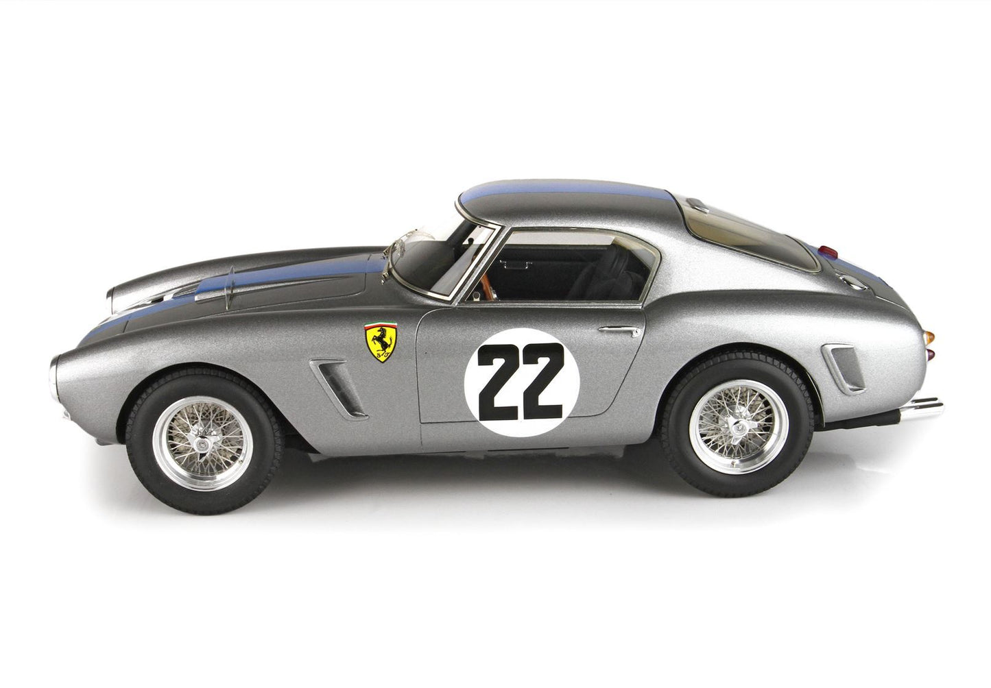 Silver vintage Ferrari race car model with number 22, detailed wheels, available on Vroomi platform