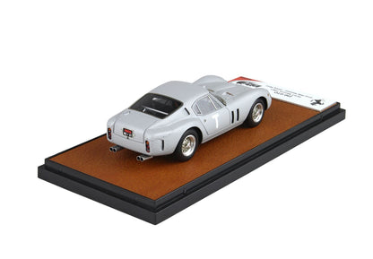 Silver classic Ferrari 250 GTO model car on brown base with black frame, available on Vroomi