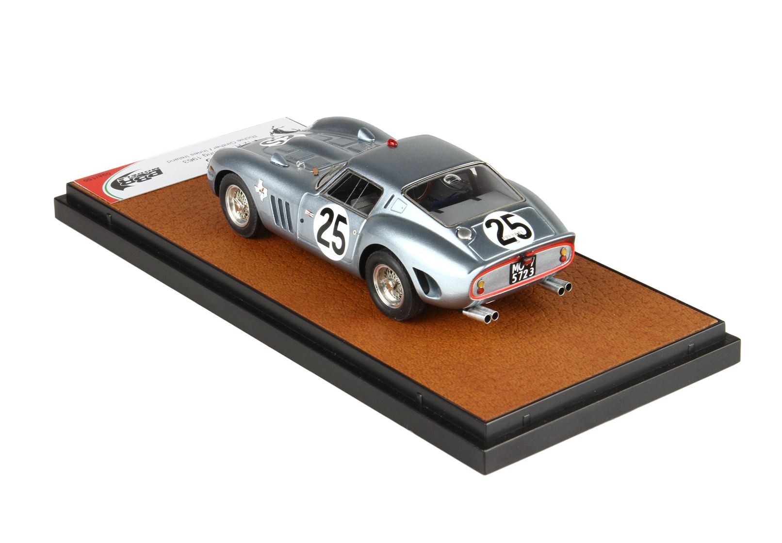 Detailed metallic silver race car model with number 25 on a brown display base, available on Vroomi
