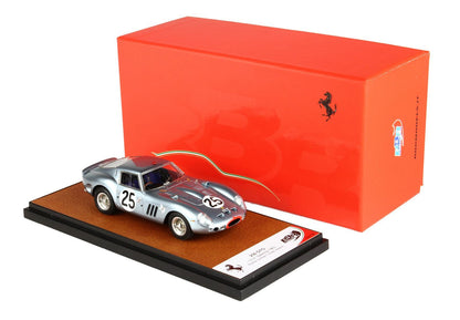 Silver 250 GTO model car with number 25 displayed, on display base with red Ferrari box, available on Vroomi
