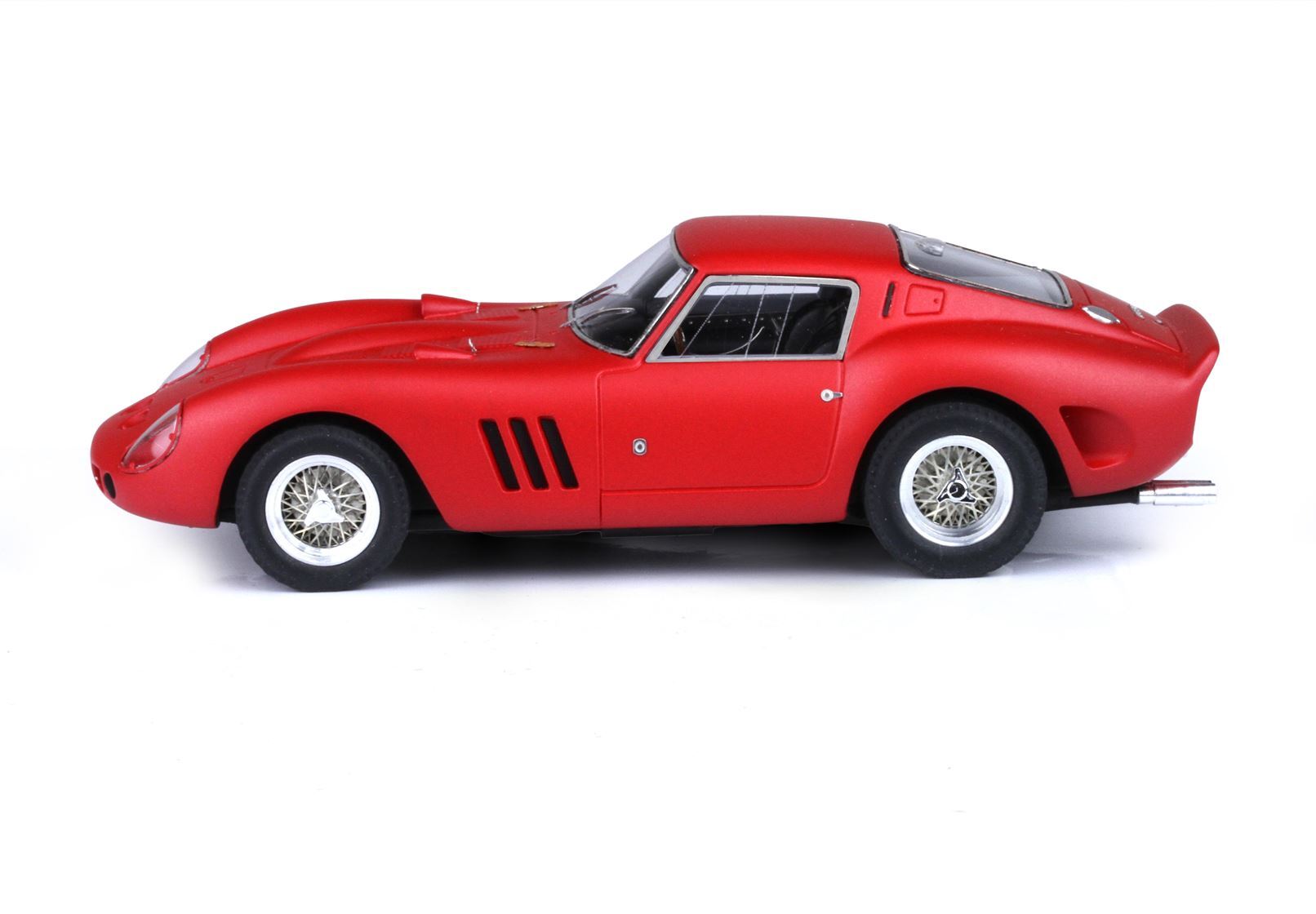 Red classic vintage sports car model with wire wheels, detail side view, available on Vroomi