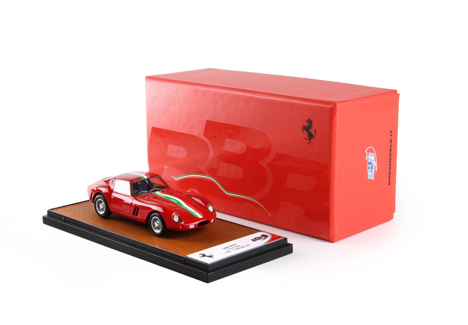 Red 1:43 scale Ferrari 250 GTO model car with Italian flag stripe, displayed with BBR branded box, sold on Vroomi