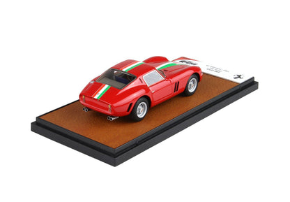 Red Ferrari 250 GTO model car with Italian racing stripes displayed on brown base, available on Vroomi