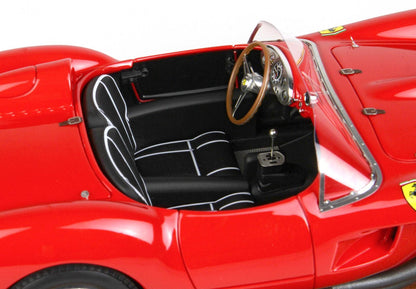 Close-up of red Ferrari classic car interior with black bucket seats, wood steering wheel, and manual gear shift, offered on Vroomi