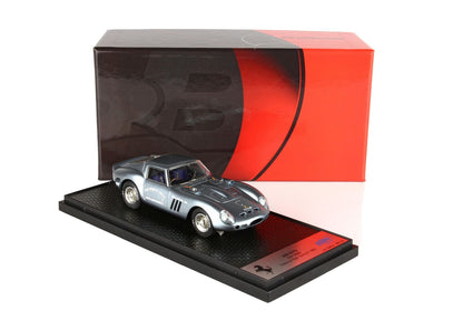 Detailed silver Ferrari 250 GTO model on display stand with red-black box, available on Vroomi