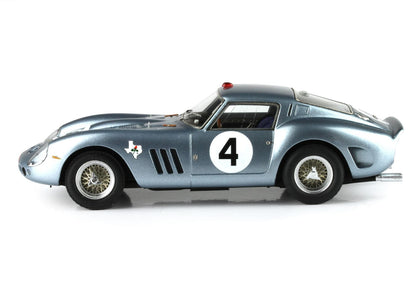 Silver classic race car number 4 side view, detailed model available on Vroomi platform