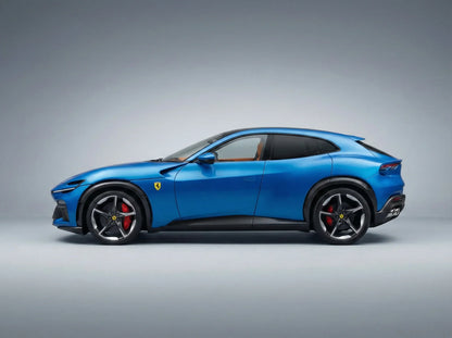 Modèle réduit de voiture Ferrari bleue au profil, objet de collection disponible chez Vroomi