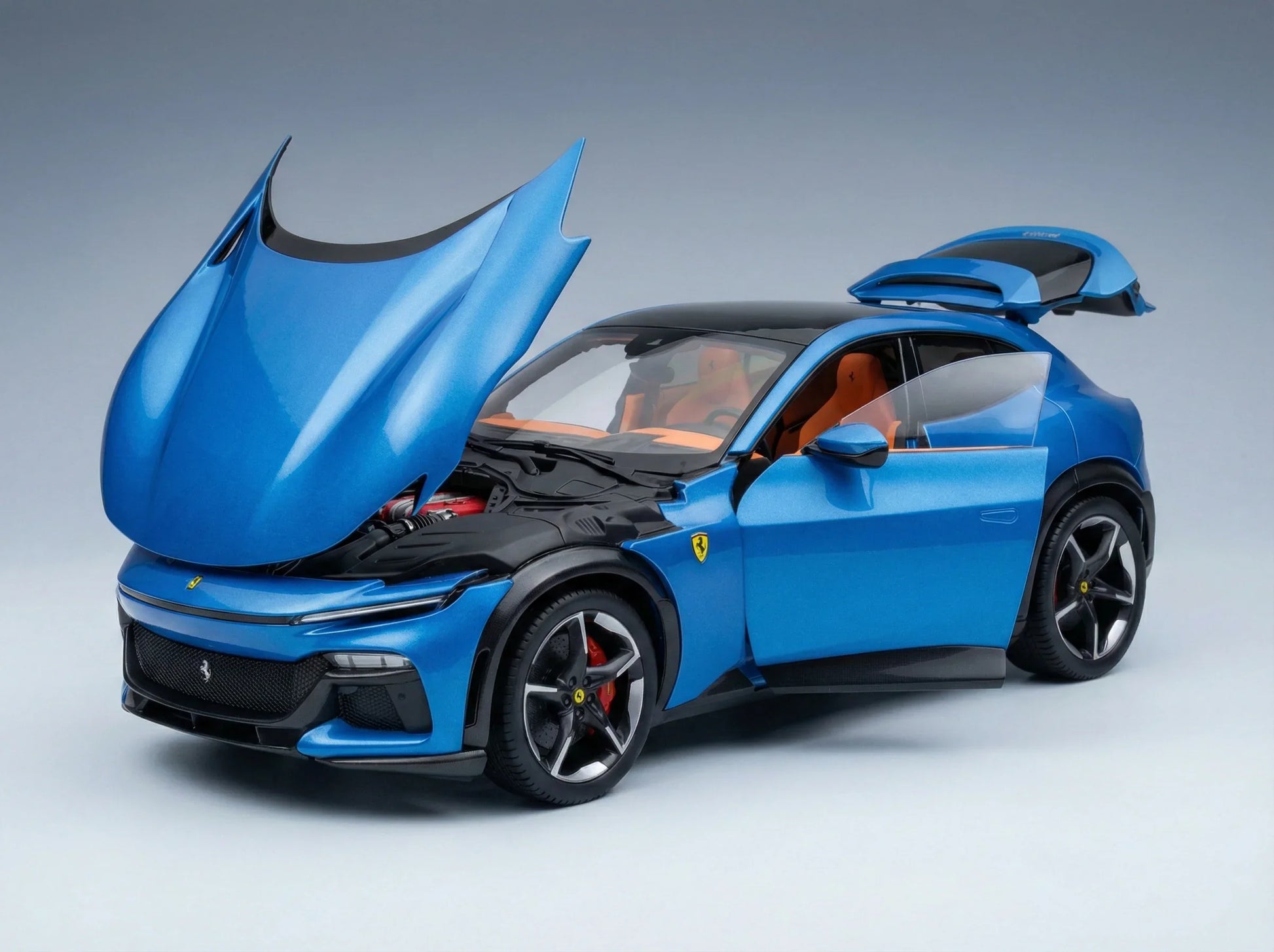 Modèle réduit de Ferrari bleu avec capot et portes ouverts, réplique de collection proposée chez Vroomi