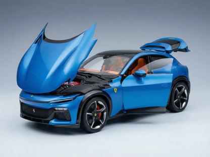 Modèle réduit de Ferrari bleu avec capot et portes ouverts, réplique de collection proposée chez Vroomi