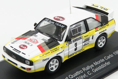 Modellino dell'Audi Quattro Rally Monte Carlo 1983 con adesivi da gara, livrea gialla e nera, disponibile su Vroomi.