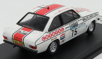 Modello di auto da rally bianca con strisce rosse, numero 75 e adesivi degli sponsor, disponibile su Vroomi.