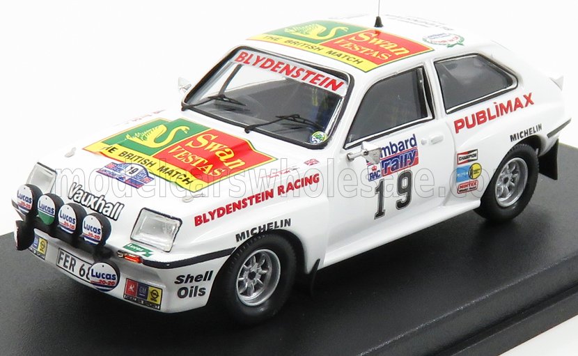 Modellino di auto da rally Vauxhall bianca con adesivi Swan Vestas, luci da rally e loghi degli sponsor, venduto su Vroomi.
