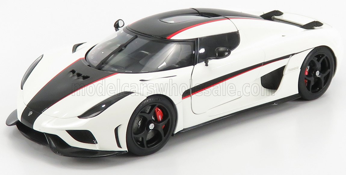 Modellino di auto Koenigsegg Agera RS bianco e nero con striscia rossa, esposto sulla piattaforma Vroomi.