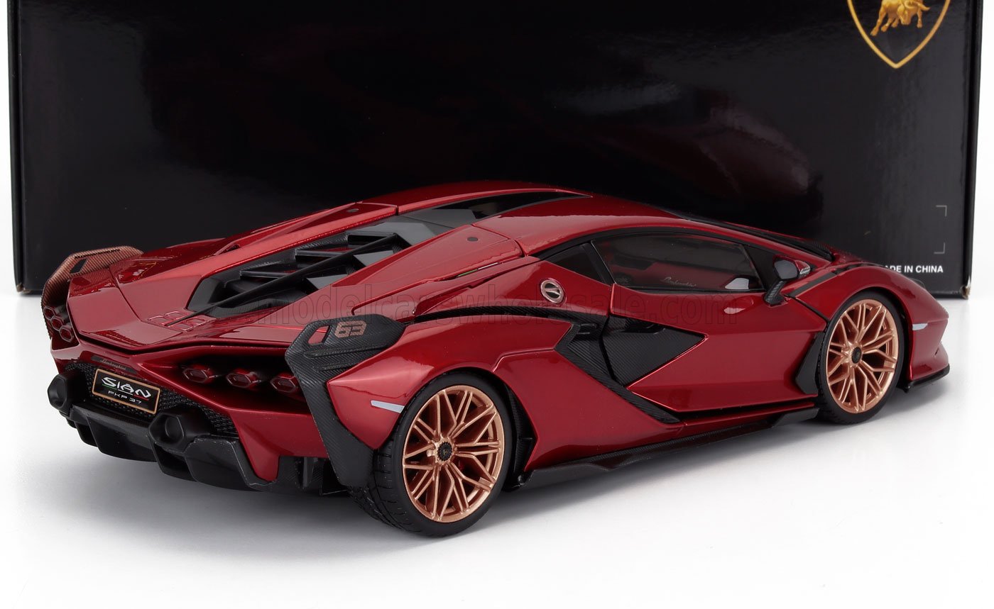 Modellino Lamborghini Sián FKP 37 rosso con cerchi color bronzo e dettagli neri, disponibile su Vroomi.