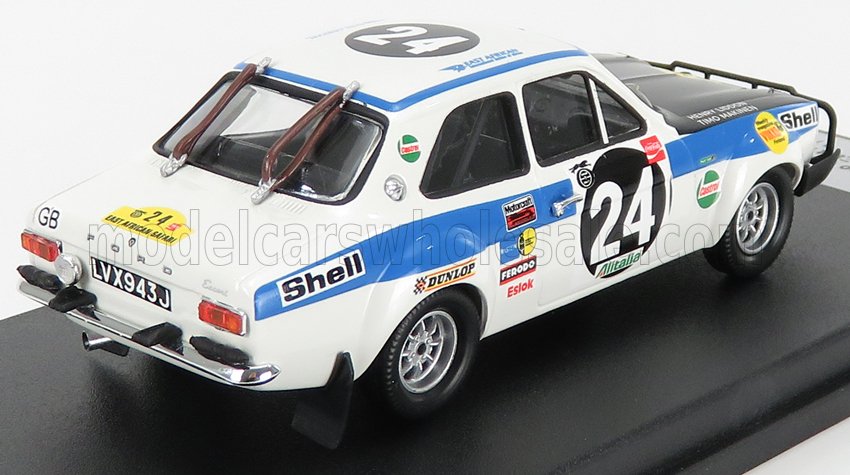 1/18 scale Ford Escort MK1 rally car model, race decals, available for collectors on Vroomi