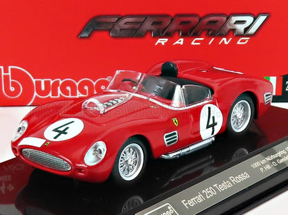 Modellino di Ferrari 250 Testa Rossa rossa con il numero 4, con il marchio Ferrari Racing, disponibile su una piattaforma tipo Vroomi.