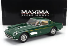 Green classic Ferrari scale model with yellow stripe, displayed with Maxima box, available via Vroomi