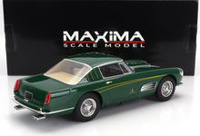Green classic sports car scale model with yellow stripe, chrome wheels, available on Vroomi
