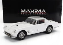 White classic Ferrari scale model car with wire wheels, displayed before Maxima Scale Model box, offered on Vroomi