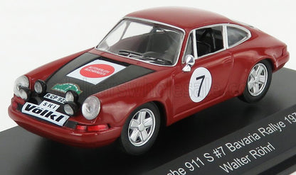Modellino di Porsche 911 S #7 Bavaria Rallye 1971 rossa con adesivi da rally, disponibile su Vroomi.