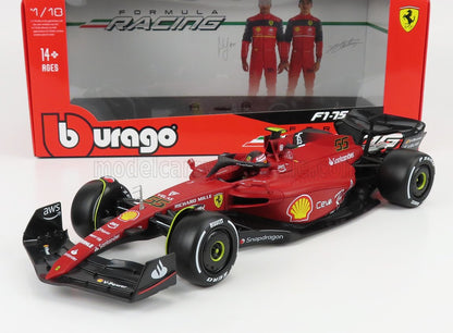 Modellino Bburago Ferrari F1-75 in scala 1:18 con sponsor dettagliati, disponibile su Vroomi.