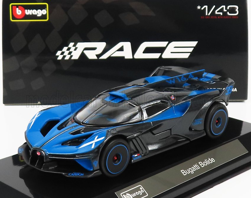 Modellino Bugatti Bolide in scala 1/43 blu e nero di Bburago, disponibile su Vroomi