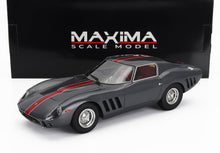 Gray and red racing stripe Ferrari scale model car by Maxima with black display box, available via Vroomi