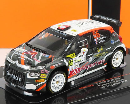 Modellino in miniatura dell'auto da rally Citroën C3 R5 con adesivi da gara, esposto su un supporto, disponibile su Vroomi.