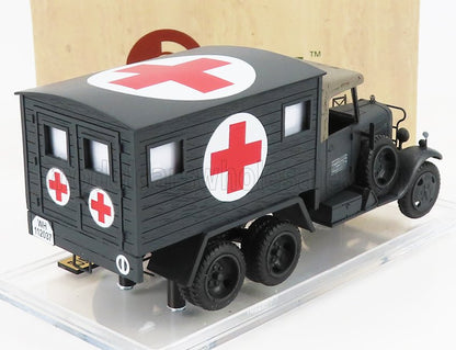 Modello vintage di ambulanza militare nera con simboli della croce rossa, disponibile sulla piattaforma Vroomi.