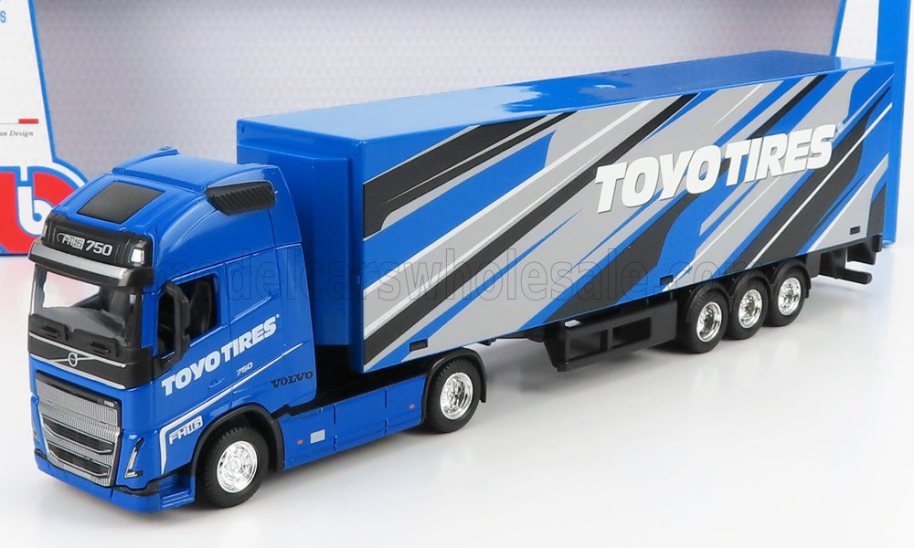 Modello di camion Volvo FH16 750 blu con pubblicità Toyo Tires sul rimorchio, disponibile su Vroomi.