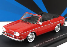 Red 1968 Volkswagen 411 L Karmann Cabrio model car with black soft top, showcased on a display platform, available on Vroomi