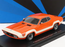 Orange 1973 Plymouth Road Runner Rapid Transit model car with white stripe, featured on Vroomi