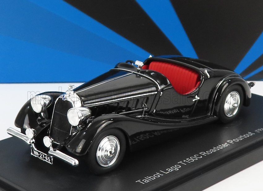 Modellino di auto Black Talbot Lago T150C Roadster con interni rossi in esposizione, ora in vendita su Vroomi.