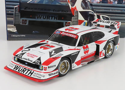 Modellino diecast dell'auto da corsa Zakspeed Ford Capri bianca e rossa con i loghi Wurth, in vendita su Vroomi.