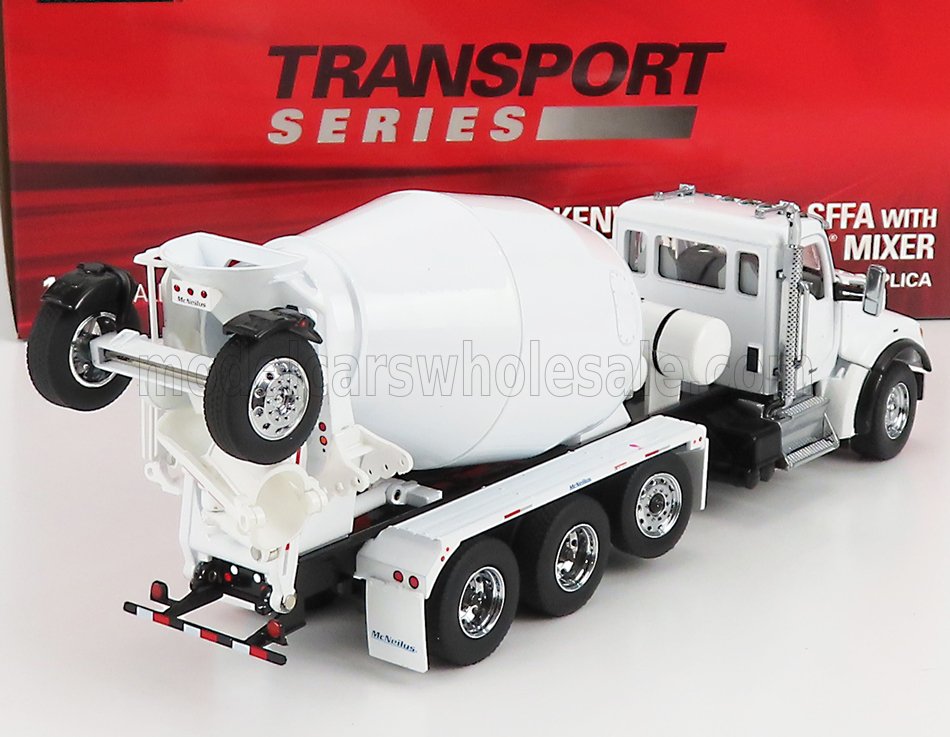 Camion modello Kenworth bianco con betoniera della serie Transport, disponibile sulla piattaforma Vroomi.