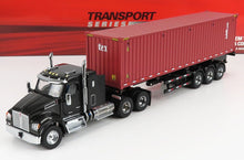 Camion nero con rimorchio container rosso della serie Transport, disponibile tramite Vroomi.