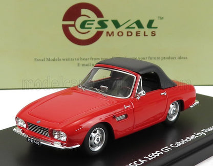 Modellino di auto OSCA 1600 GT Cabriolet del 1963, rosso con tetto nero, fatto da Esval Models, venduto da Vroomi.