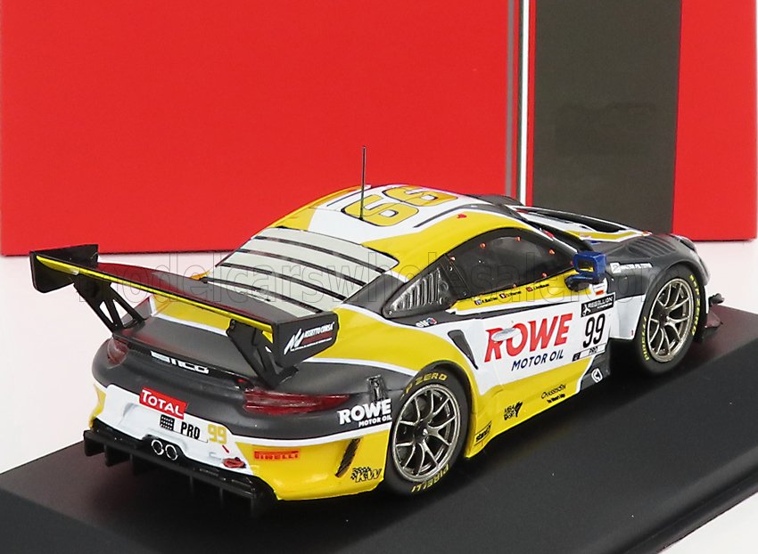 Modello dell'auto da corsa Porsche 911 GT3 R in giallo, bianco e nero con adesivi ROWE Motor Oil, venduto da Vroomi.