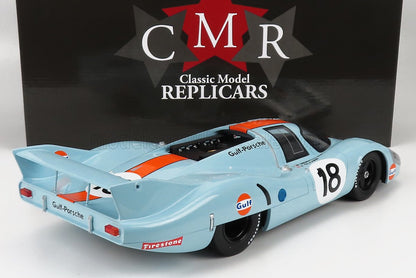 Modellino classico Gulf-Porsche 917 con livrea da corsa blu e arancione, disponibile su Vroomi.