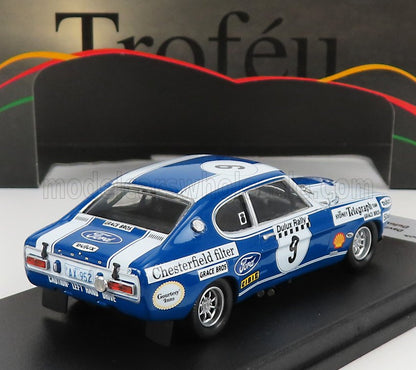 Modellino vintage di un'auto da corsa Ford blu con adesivi da gara e numero 9, con il marchio Troféu, disponibile su Vroomi.