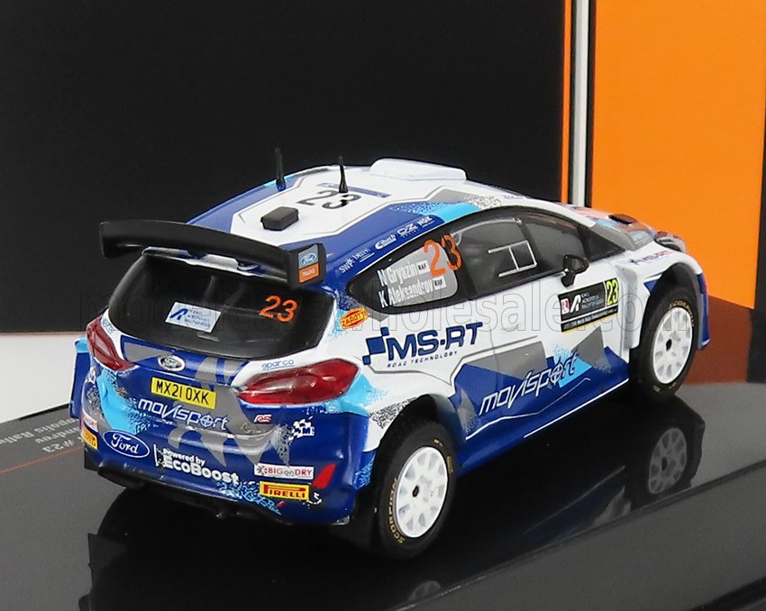 Modellino dettagliato in blu e bianco dell'auto da rally Ford Fiesta con i loghi MS-RT e Movisport, disponibile su Vroomi.