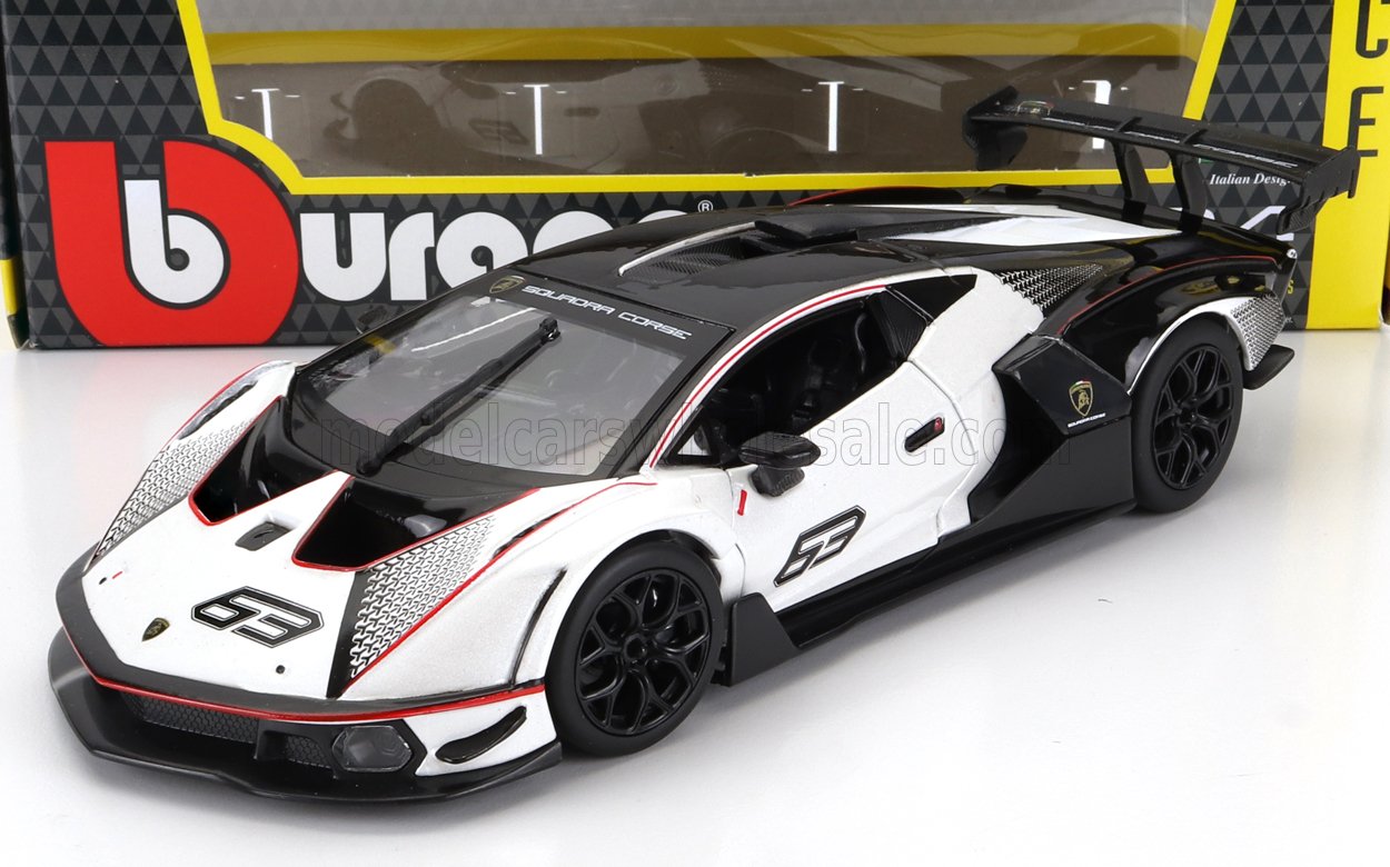 Modellino di auto da corsa Lamborghini in bianco e nero con il numero 63, presentato nella confezione Burago, ora disponibile su Vroomi.