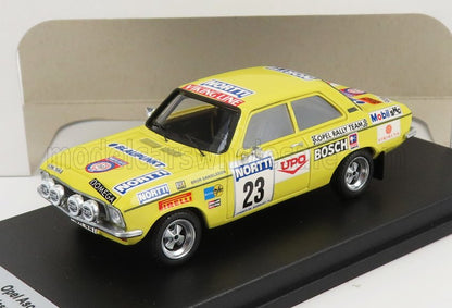 Modello di auto da rally Opel Ascona gialla con il numero 23 e adesivi degli sponsor, in vendita su Vroomi.