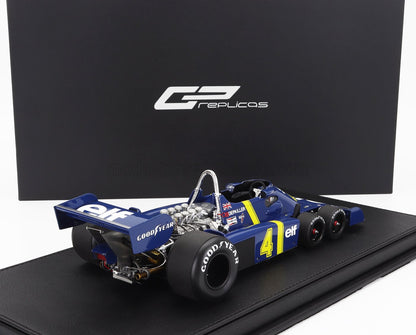 Modello di auto da corsa Tyrrell a sei ruote blu con pneumatici Goodyear e marchio Elf disponibile su Vroomi.