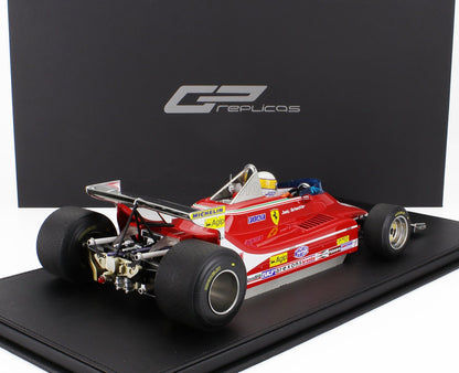 Modellino di Ferrari F1 rossa con il nome di Jody Scheckter, sponsor dettagliati, esposto su base nera, in vendita su Vroomi.