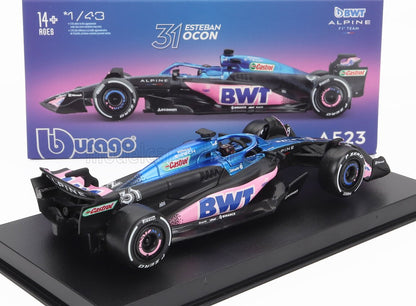 Modellino in scala 1/43 della macchina di Formula 1 Alpine di Esteban Ocon, blu e rosa, venduto su Vroomi.