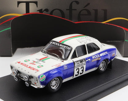 Modellino di auto da rally Ford Escort Mk1 Woolworth in scala 1:43 con adesivi da corsa, disponibile su Vroomi.