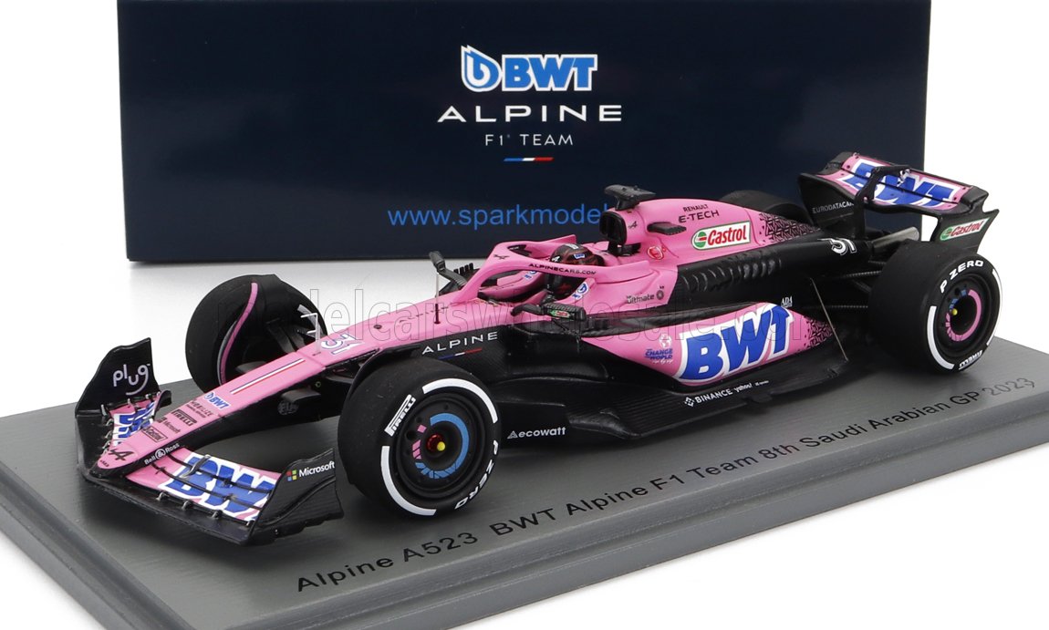 Modellino diecast Alpine BWT Formula 1 del GP dell'Arabia Saudita 2023, rosa e nero, disponibile su Vroomi.