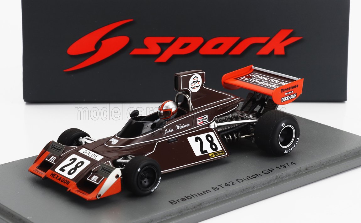 Modello di auto da corsa Brabham BT42 1974 GP olandese con livrea John Watson, disponibile su Vroomi