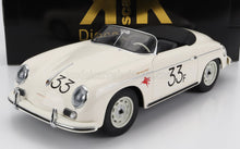 Modellino di Porsche 356 Speedster bianca con numero di gara 33, presente sulla piattaforma Vroomi.